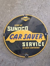VINTAGE SUNOCO CAR SAVER SERVICE PORCELAIN SIGN 12