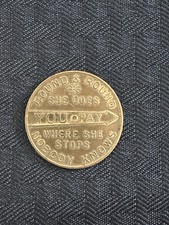 You Pay Brass Spinner Token, 1940s Columbus Ohio Back Round and Round She Goes picture