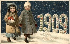 Children in Snowy New Year 1909 HTL HOLD TO LIGHT Postcard bhn picture