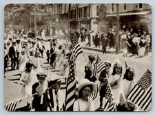 Circa 1910 Northport NY Main Street Parade Children American Flags Postcard picture