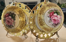 2`Tri-Footed TeaCup & Reticulated Saucers Bone China Royal Hand Painted Roses picture