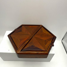 Vintage Wooden Hexagonal Marquetry Inlay Jewelry  Box Starburst Lid Velvet Lined picture