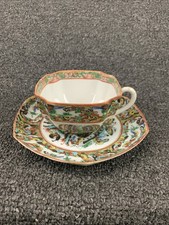 Antique Chinese Famille Rose Medallion Porcelain Octagonal Cup Saucer Butterfly picture