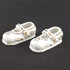 Vintage Porcelain Baby Shoes Mary Jane Clover Marked Artisan Japan Floral Gold picture