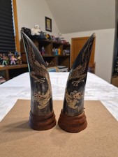 Vintage Carved Water Buffalo Horns Pair Dragon Motif Chinese Asian Decor 1970s picture