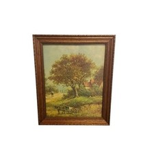 Pastoral Landscape Art Print Horse Cart Cottage Rustic Wood Frame Vintage Framed picture