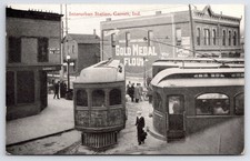 Garrett Indiana Interurban Station 1921 Antique Postcard Train Gold Meadow Flour picture