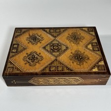 Rare Vintage USSR Wood Hinged Box Intricate Overlay Geometric Designs Star Stamp picture