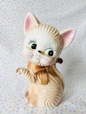 Vintage Ceramic Figurine Ribbed Cat Kitty Kitsch Japan Anthropomorphic Big Eye picture