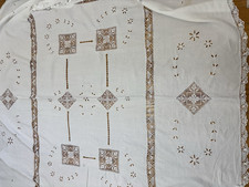 Antique Banquet White Cotton Embroidery &Crocheted Lace Cut Work Tablecloth96X68 picture