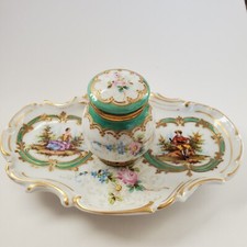 Antique Porcelain Inkwell Hand-Painted Roses Romantic Scenes For Burley Chicago picture