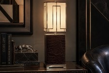 CROCODILE LEATHER & CHROME DESK TABLE LAMP MASCULINE ART DECO * NO SHADE FINIAL picture