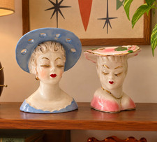 Vintage MCM Irice Japan Lady Head Vases Set  Blue Pink Hat Ceramic Planter 1950s picture