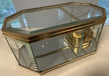 Brass Glass Jewelry Box Music Box Beveled Etched Rose 