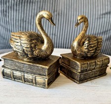 Vintage Style Art Deco Pair Of Gold Swan On Book Bookends Gold Swan Shelf Sitter picture