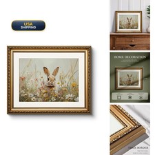 WHASAYART Vintage Gold Framed Wildflower Meadow Cute Rabbit Canvas Wall Art picture