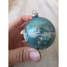 Vintage Santa reindeer stencil blue Glass ornament deer slay Xmas tree picture