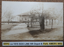 RPPC ca 1915 SOO LINE RR Depot & Park, AMERY, WISCONSIN. REAL PHOTO POSTCARD picture