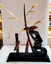 Vintage Chinese Carved Buffalo Horn Cicada Bamboo Insect Diorama Sculpture Art. picture
