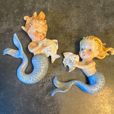 RARE Set of 2 Vintage Norcrest P-659 Mermaid Wall Figurines with Fish picture