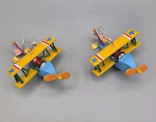Vtg 1983 Kurt Adler Wooden Biplane Christmas Ornaments Patriotic Flag Lot of 2 picture