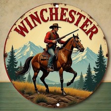 Winchester Round Rustic Cowboy Horseback Tin Metal Signs Home Décor 8x8 picture