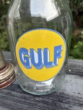 Gulf Glass Oil Bottle w/ Metal Pour Spout, Gas & Oil Yellow Blue picture