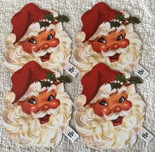 Lot 4 Unused Christmas Santa Face Cardboard Die Cut Cutout NOS Vtg 1950s 1960s picture
