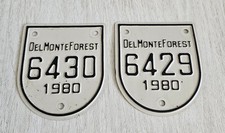 2- 1980 Del Monte Forest PEBBLE BEACH CALIFORNIA #6429-30 CAR LICENSE GATE BADGE picture