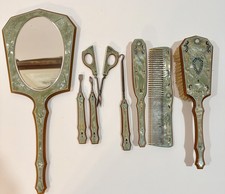 Antique 1920s Art Deco PYRAMID Celluloid Vanity Set Rhinestone Mirror Brush 8pc picture