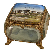 Antique French Opaline Glass Jewelry Casket Box Bethlehem Scene Ormolu Trinket picture