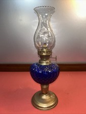 Vintage Cobalt Blue Oil Lamp 11” 1/2 Tall Decorative Preowned Used picture