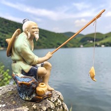 Vintage Shiwan Chinese Fisherman Mudman Figurine w/ Pole & Fish, 1980s–90s  picture