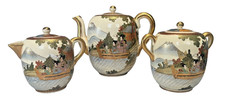 Antique Japanese Satsuma Teapot, Sugar & Creamer Set Hand Painted EUC picture