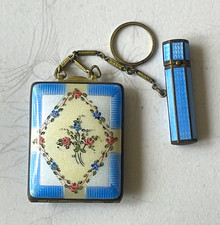 Vintage Blue Enamel Floral Powder Compact w/ Mirror, Lipstick, Chain Key Ring picture