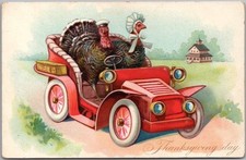 c1910s Tuck's THANKSGIVING Embossed Postcard / Turkey Couple in Red Automobile picture