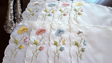 Vintage Cocktail Napkins French Hand Embroidered Flowers set 8 NOS picture