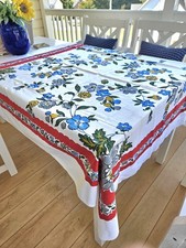 Vtg 50's Startex Tablecloth Blue Flowers Red Border NICE 46