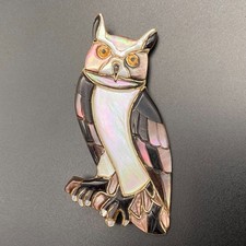 Vintage Zuni Native Owl Bird MOP Sterling Silver Pin Brooch Pendant picture