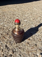 Vintage Chinese Glass Snuff Bottle Coiled Snake Serpent Relief Red Stopper  picture
