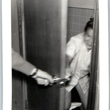c1950s Bathroom Prank Opening Door Snapshot Photo Girl Toilet Humor Candid Vtg picture