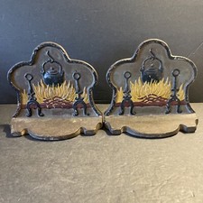 2 Vintage Cast Iron Doorstop Bookend Fireplace Scene 5.5” Tall 6.25” Wide Preown picture