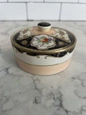 Vintage Hand Painted Japan Porcelain Trinket Box Lidded Floral Gold Black picture