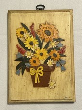 Vintage Folk Art Wooden Floral Wall Plaque Signed Irma 3D Raised Flowers picture