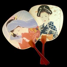 Vintage Japanese Geisha Bamboo Flat Paddle Hand Portrait Fans Art Uchiwa Pair picture