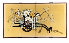 Vtg Japanese Showa 4 Panel Silk Screen Flower Cart Hanaguruma Painting +Brackets picture