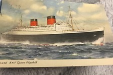 1954 RMS Queen Elizabeth Postcard Posted Cunard Line Linen picture