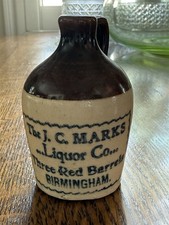ANTIQUE J C MARKS LIQUOR THREE RED BARRELS WHISKEY MINI ADVERTISING POTTERY JUG  picture