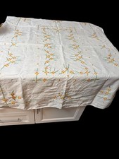 Vintage French Linen Tablecloth Hand-Embroidered Floral Rectangle Cottage core  picture