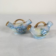 2 Vtg H.C. Royal Baveria Double Sided Salt & Pepper Shaker Blue Floral Gold Gild picture